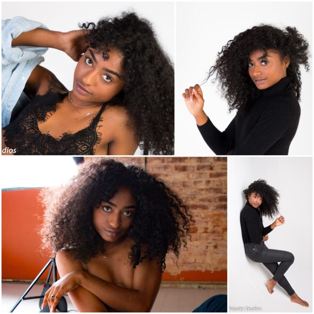 Young woman with curly hair posing in different outfits.